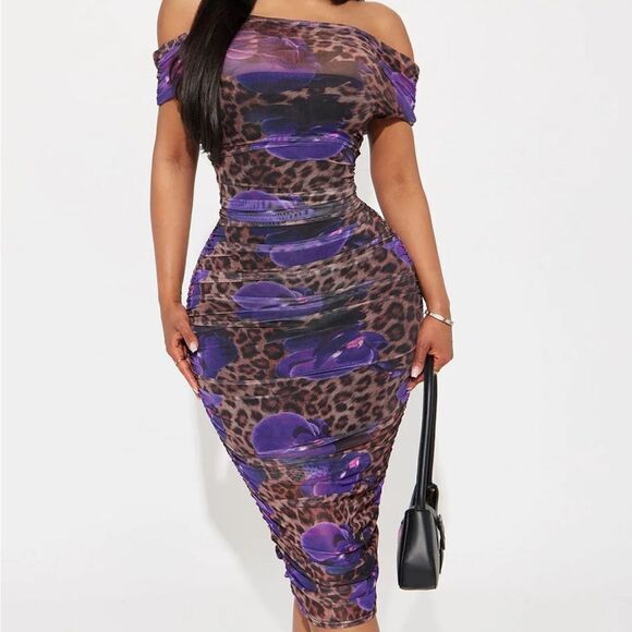 Purple Floral Leopard Print Dress - Picture 3 of 3